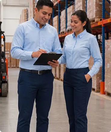 Uniformes operativos para hombre y mujer con camisa de trabajo azul claro y pantalón oscuro en entorno de almacén.