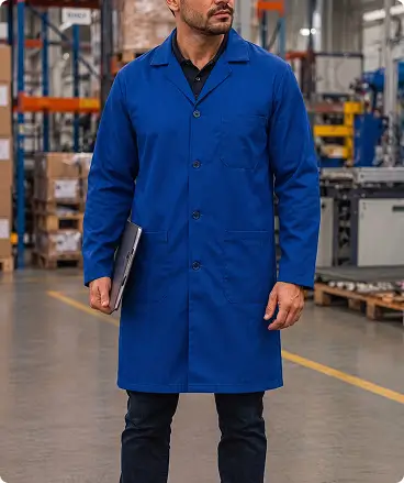 Bata de trabajo industrial color azul marino para hombre, uniforme operativo para áreas de producción y almacén.