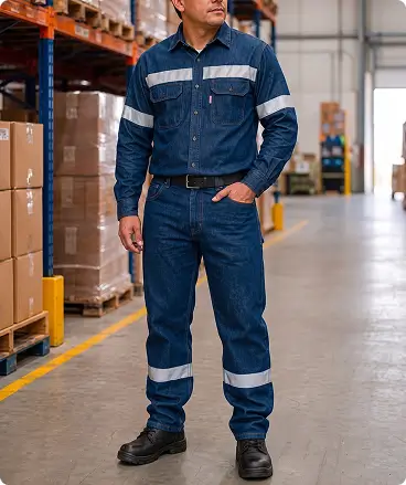 Uniforme industrial de seguridad para hombre en color azul marino con cintas reflejantes de alta visibilidad.