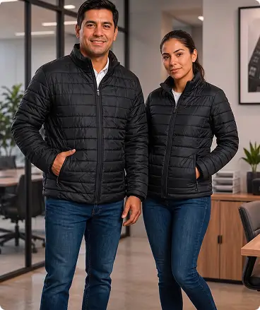 Chamarras capitonadas negras para hombre y mujer, uniformes operativos térmicos para trabajo en corporativo o campo.