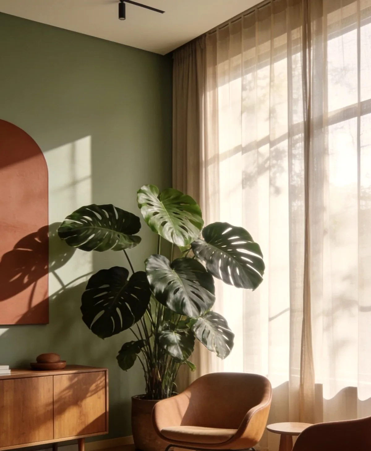 Coin salon lumineux avec plante monstera, fauteuils en cuir et arche terracotta, ambiance chaleureuse et apaisante