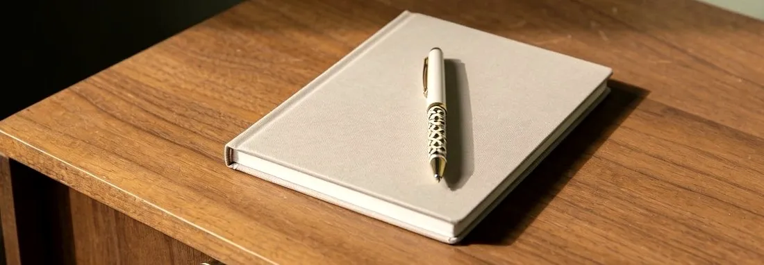 Carnet et stylo posés sur une table en bois, ambiance de réflexion