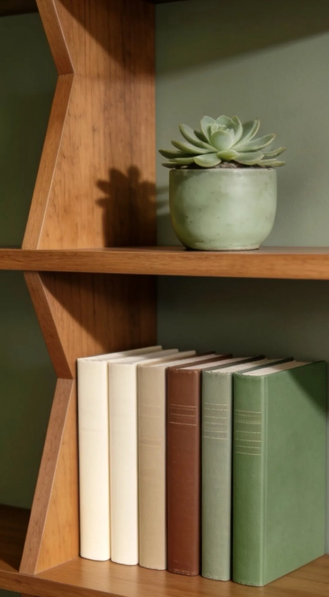 Étagère en bois avec une plante succulente et des livres reliés, ambiance calme et réfléchie