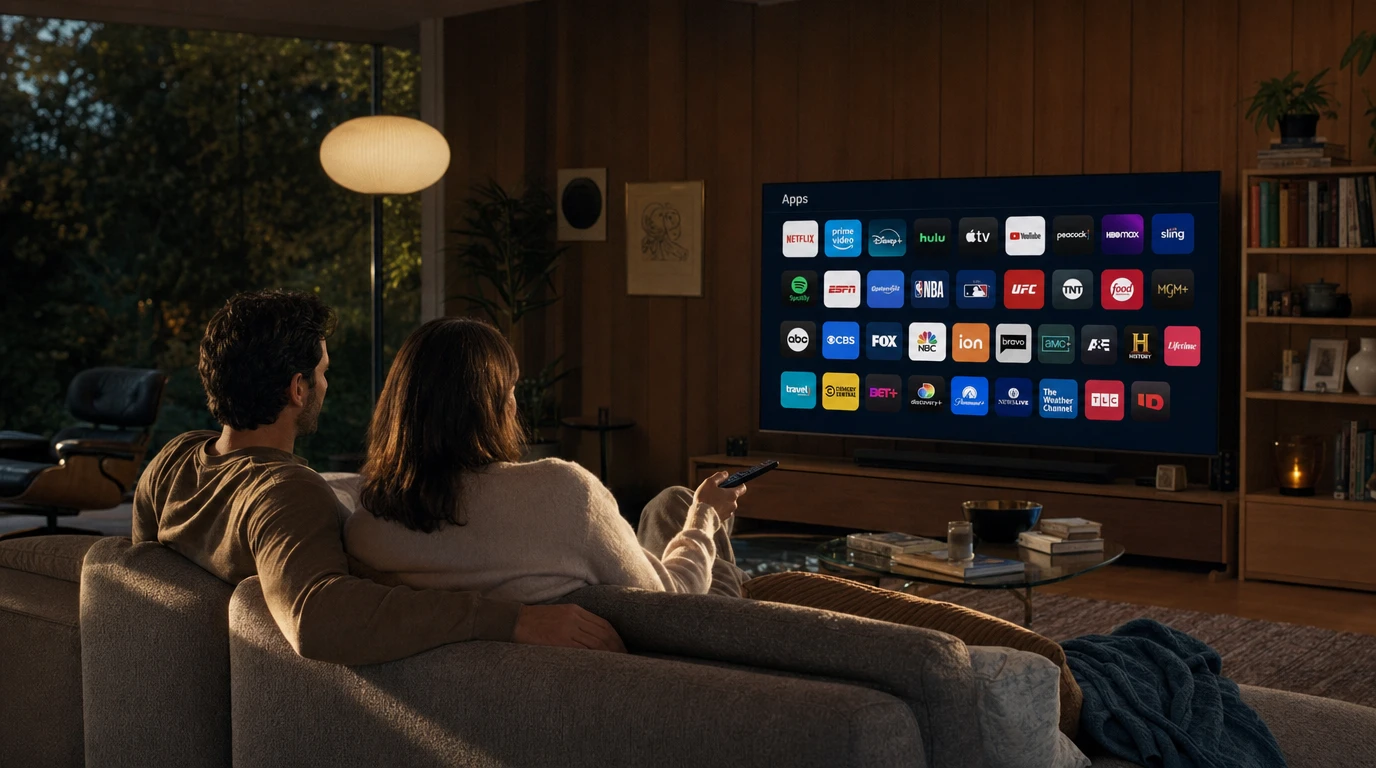 Couple sitting on a couch watching a TV screen displaying popular streaming app icons in a cozy living room.