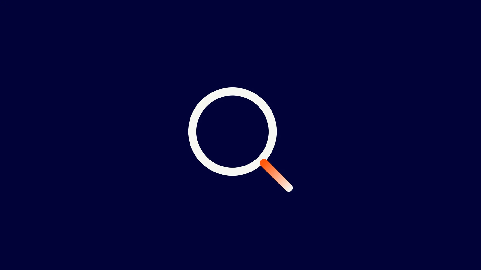 White magnifying glass icon with a red handle on a dark blue background.