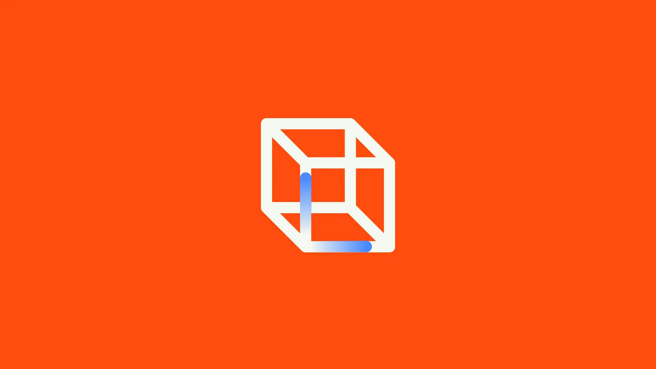 White wireframe cube with two blue edges on a bright orange background.