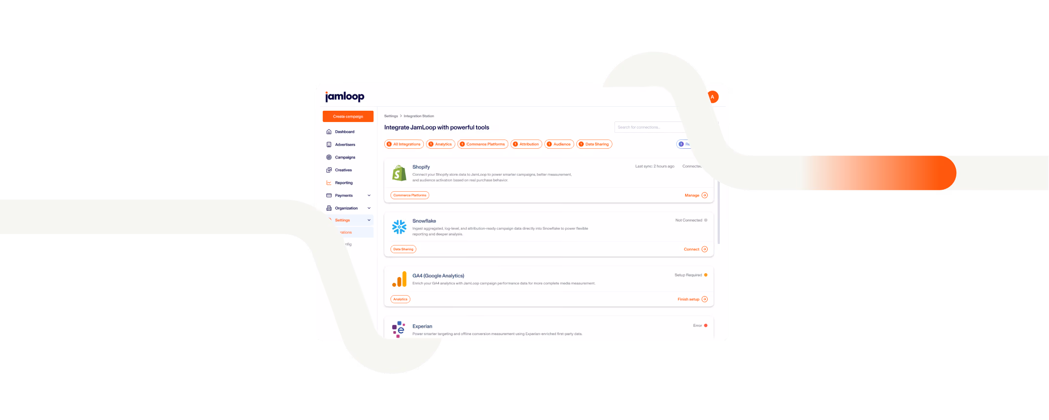 JamLoop integration dashboard showing Shopify connected, Snowflake unconnected, GA4 and Experian setup statuses.