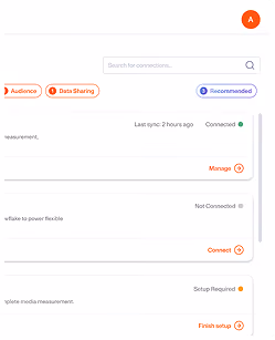 Interface showing connection status with options for Audience, Data Sharing, and setup actions.