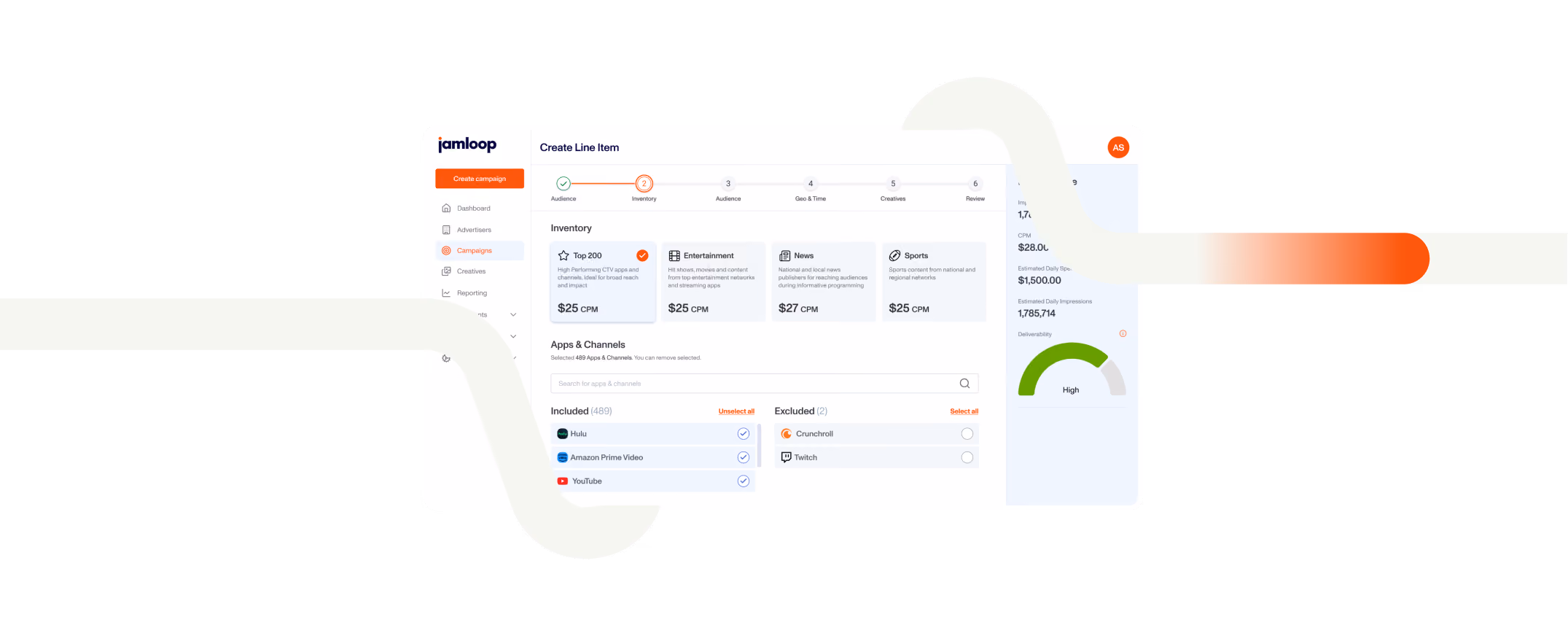 Jamloop campaign dashboard showing inventory options, CPM pricing, included and excluded apps, and deliverability status.