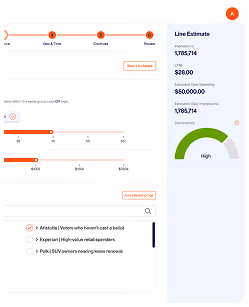 Dashboard showing audience segments with sliders and line estimate metrics including spend and impressions.