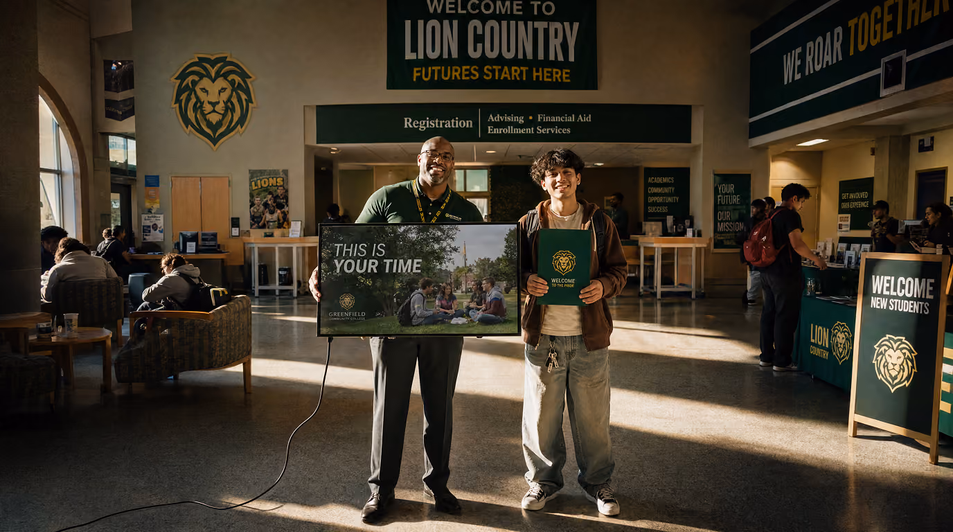Two men in a college lobby holding a sign and folder welcoming new students to Lion Country.