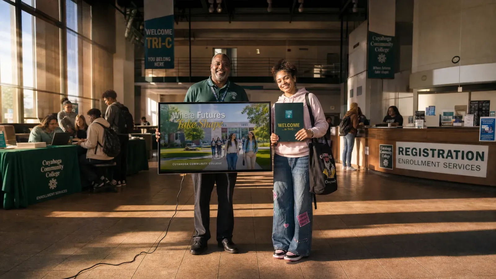 Two smiling people holding a welcome sign and folder inside Cuyahoga Community College registration area.