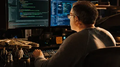 Man with glasses sitting at desk, coding on dual monitors with sci-fi action figures nearby.