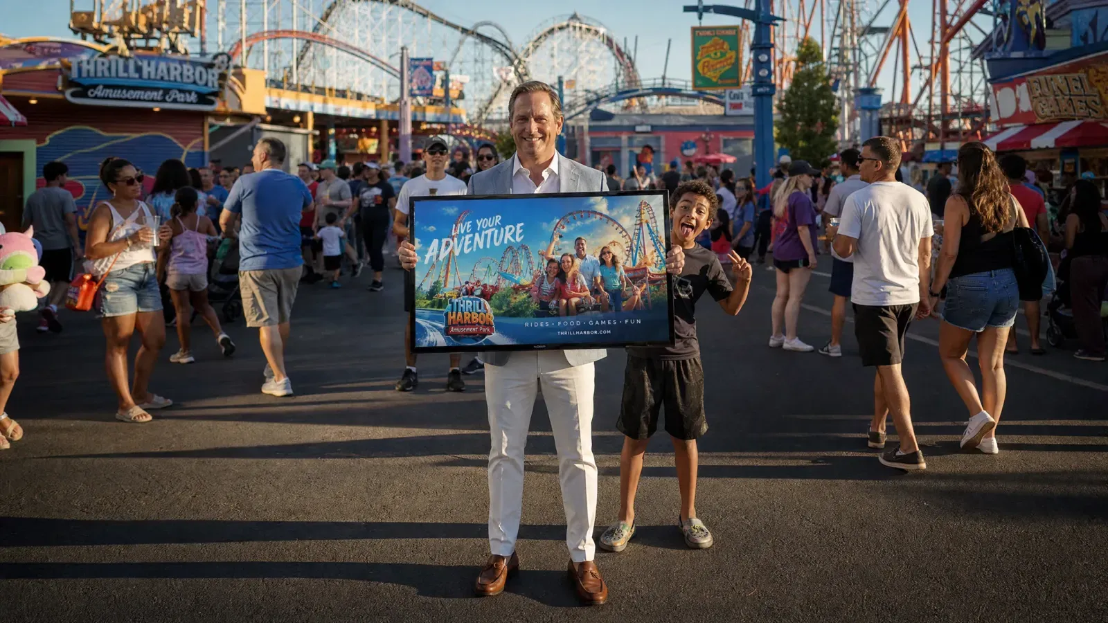 Man and boy holding a Thrill Harbor Amusement Park sign at a crowded amusement park.