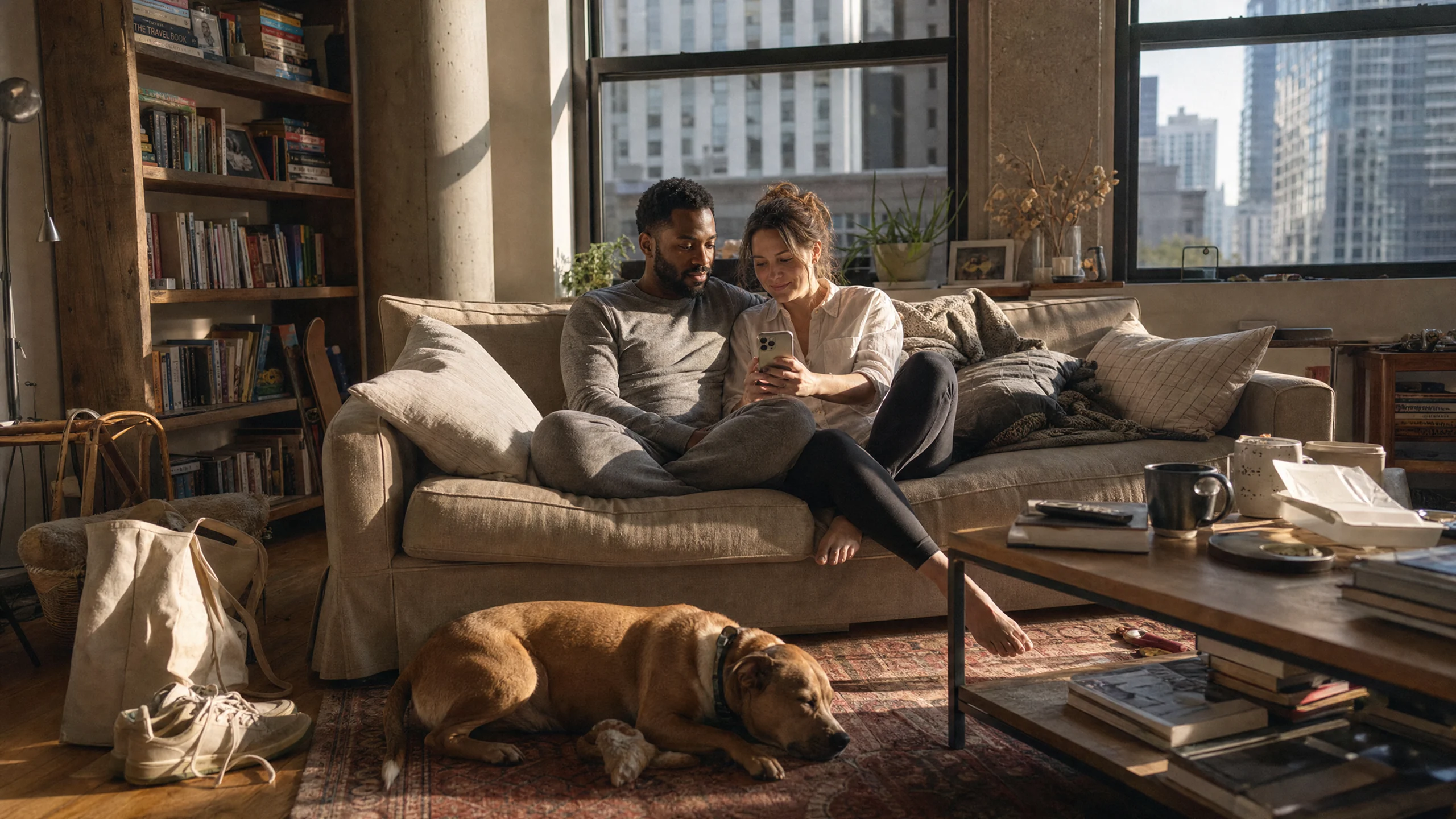 Couple sitting on couch looking at phone, dog sleeping on rug in cozy urban living room.