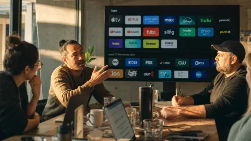 Three people in a meeting room discussing streaming app options displayed on a large screen.