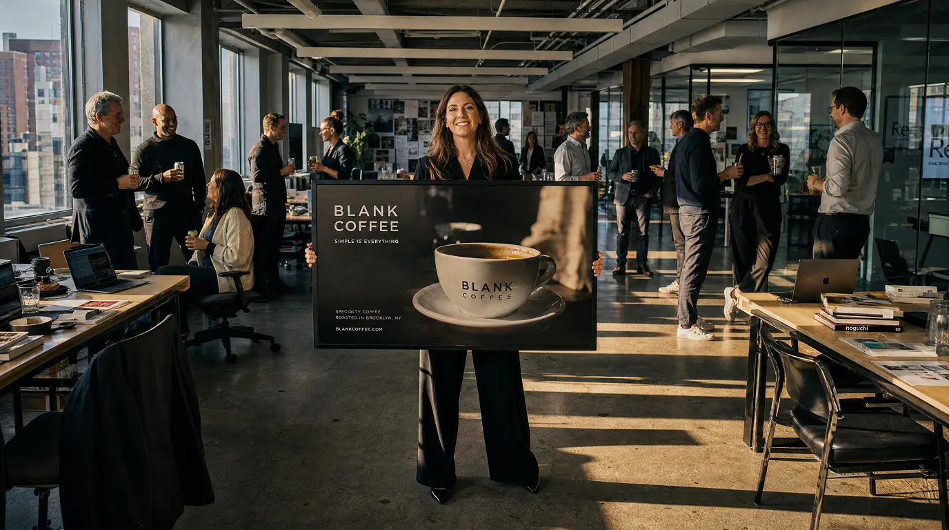 Woman holding a large coffee advertisement sign in a bright office with people socializing in the background.