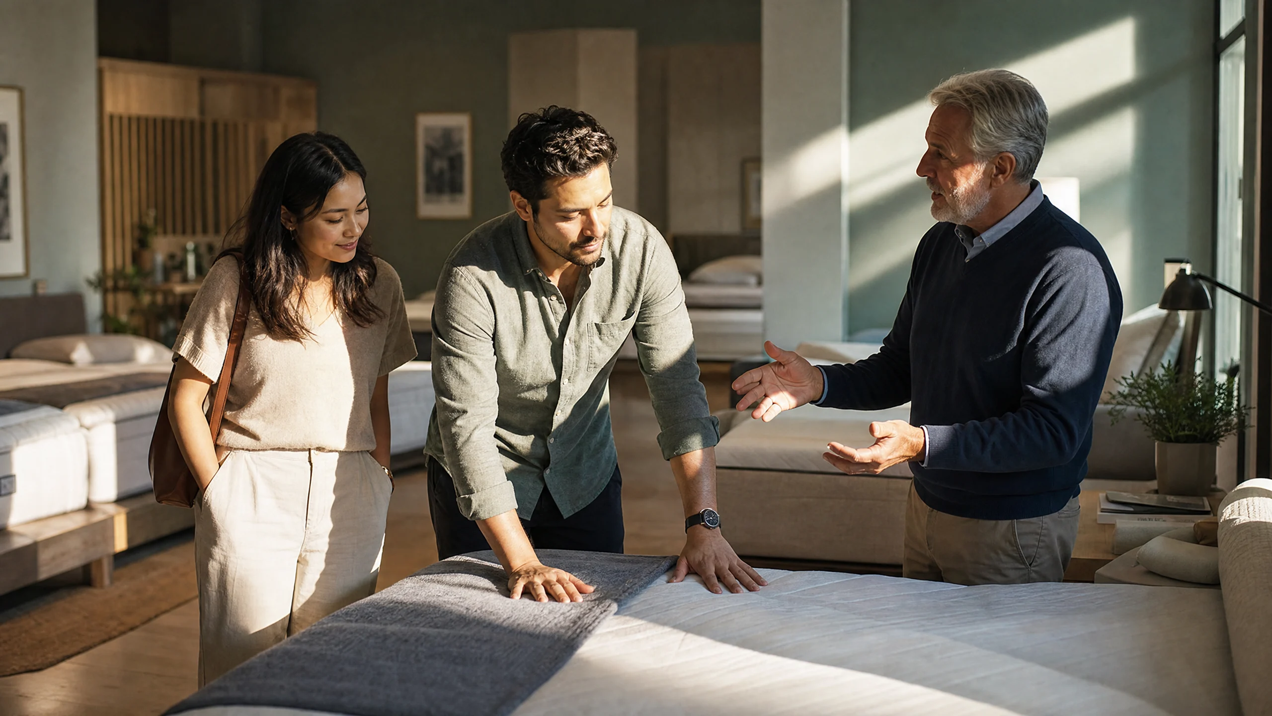 Couple examining mattress while salesman explains in a well-lit furniture store.