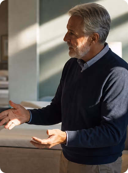 Older man with gray hair gestures with hands while speaking indoors with sunlight on his face.