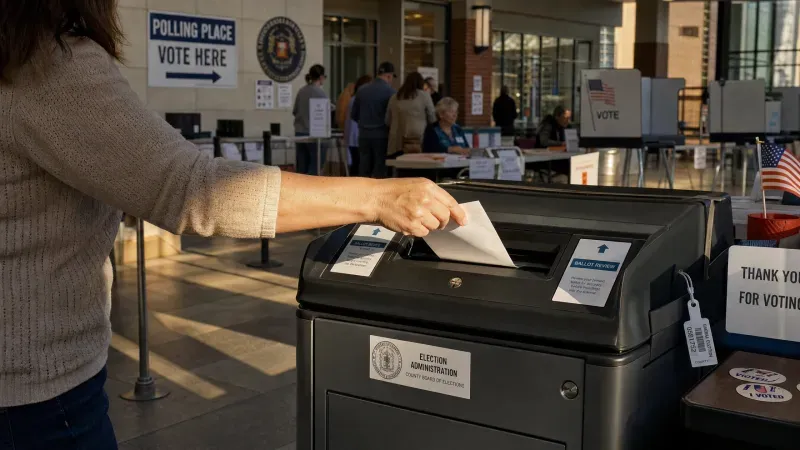 Person casting a ballot into an election drop box inside a polling place with signs reading 'Polling Place Vote Here' and 'Thank you for voting'.