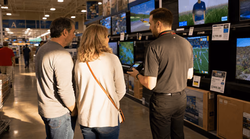 A sales associate showing two customers a television inside an electronics store.