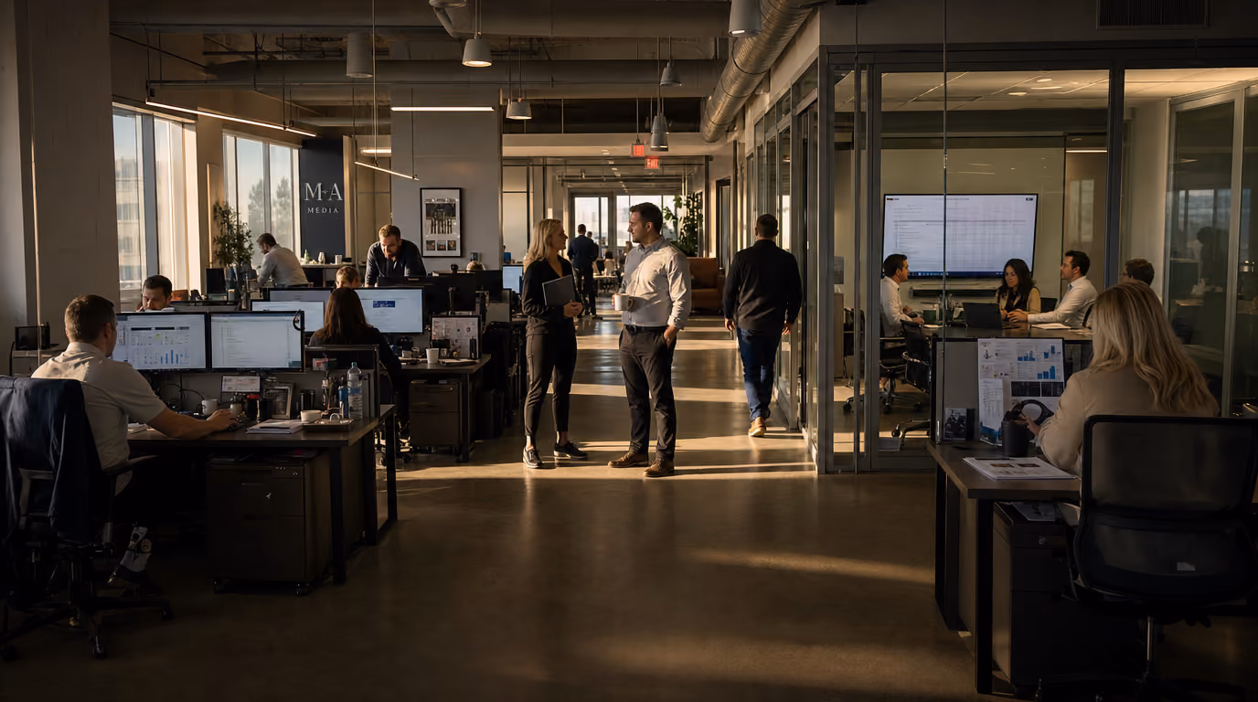 Modern office with employees working at desks and having conversations in glass-walled meeting rooms.