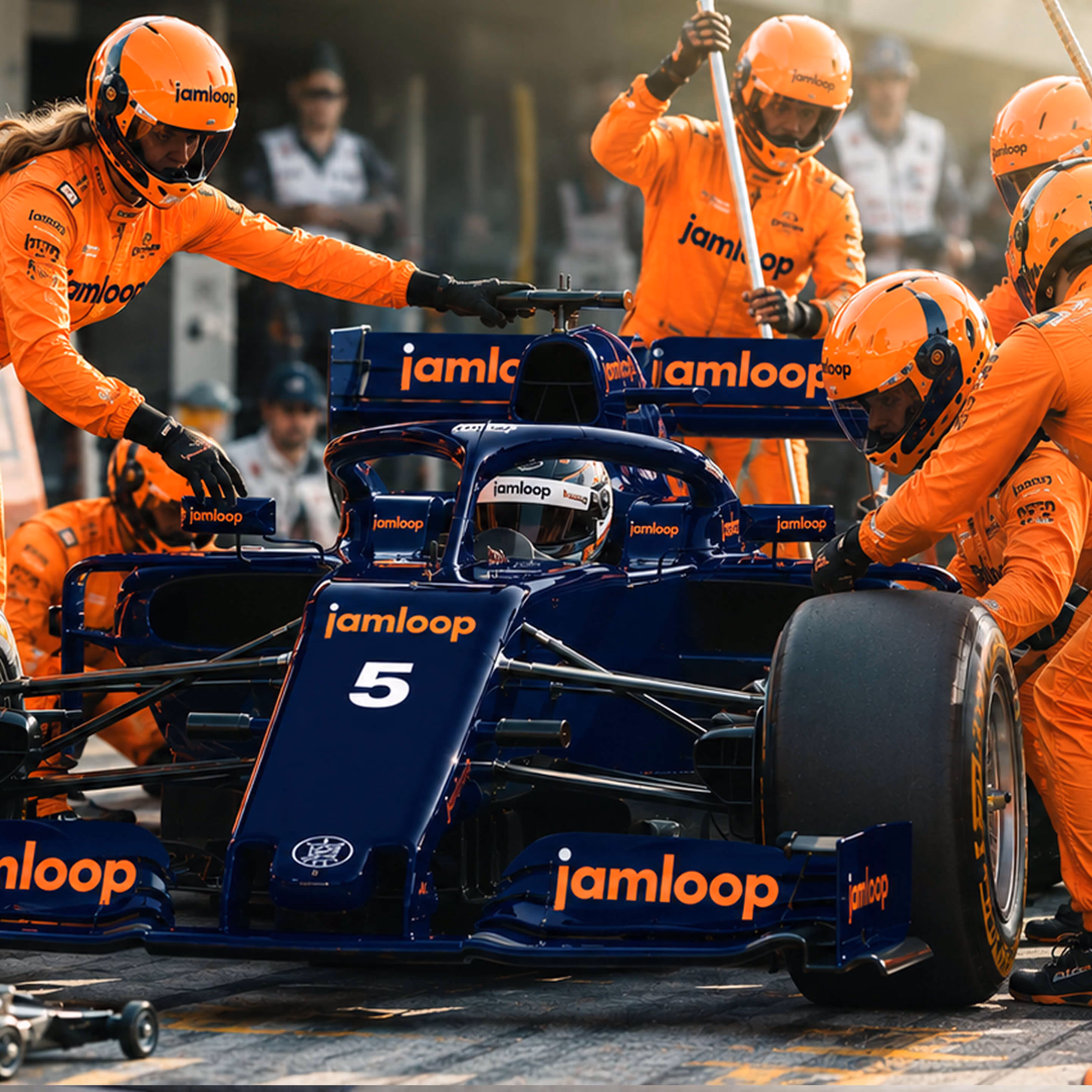 A Formula 1 pit stop showing a navy-blue racing car number 5 with jamloop branding surrounded by a pit crew in bright orange suits and helmets performing maintenance and tire change.