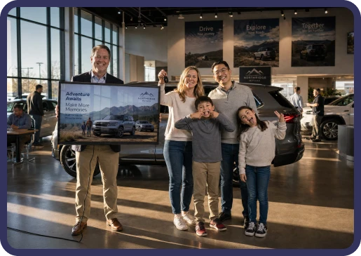 Smiling family of four standing with a car dealership representative inside a showroom, holding a promotional sign reading 'Adventure Awaits Make More Memories' with a mountain and vehicle image in the background.