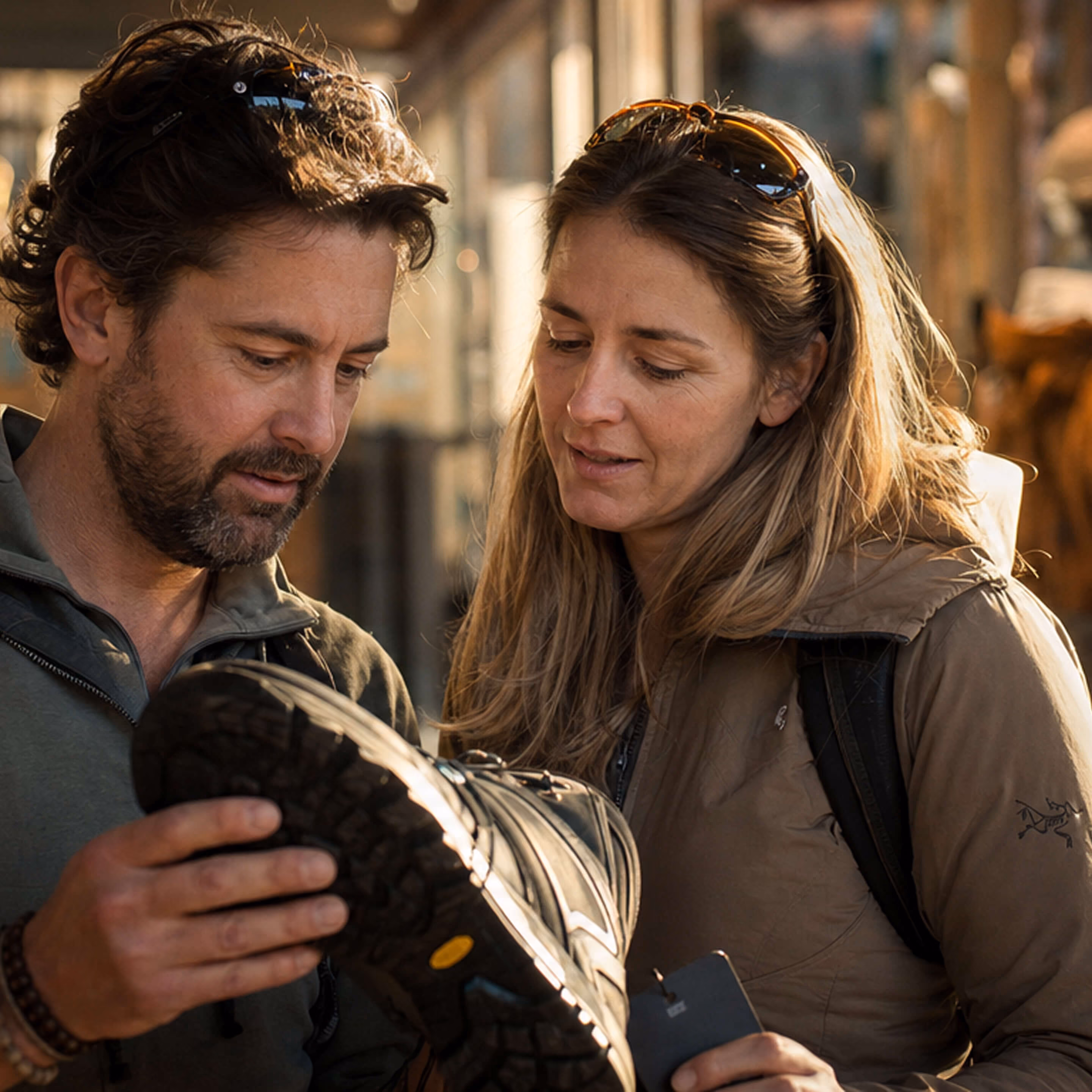 A man and a woman closely examining the sole of a black hiking shoe inside a store, both wearing outdoor jackets and sunglasses on their heads.