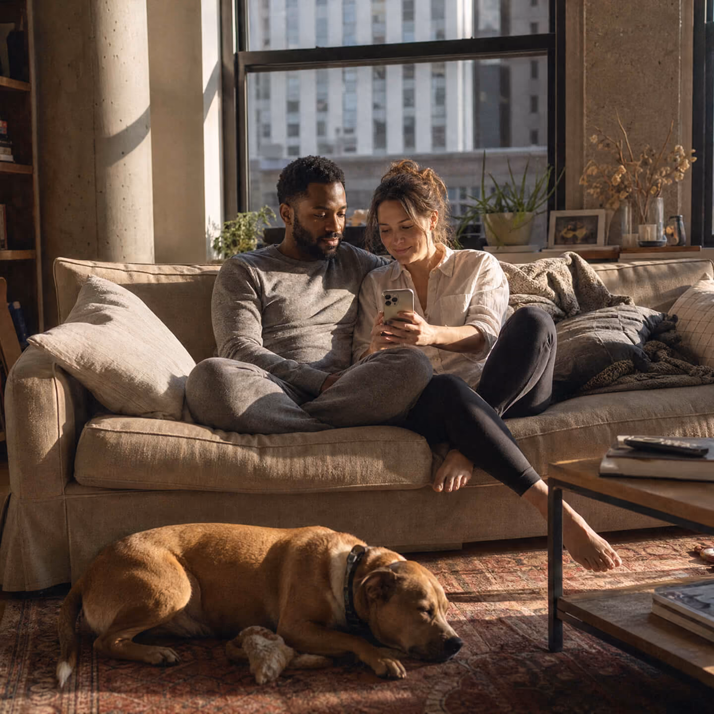 A couple sitting closely on a beige couch in a sunlit living room, looking at a smartphone together, with a brown dog resting on a rug in front of them.