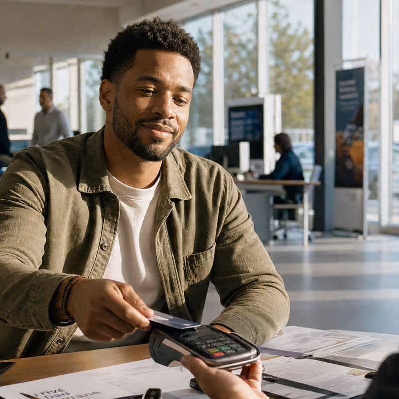 Man sitting at a desk in a bright office or dealership, holding a credit card to a payment terminal held by another person.