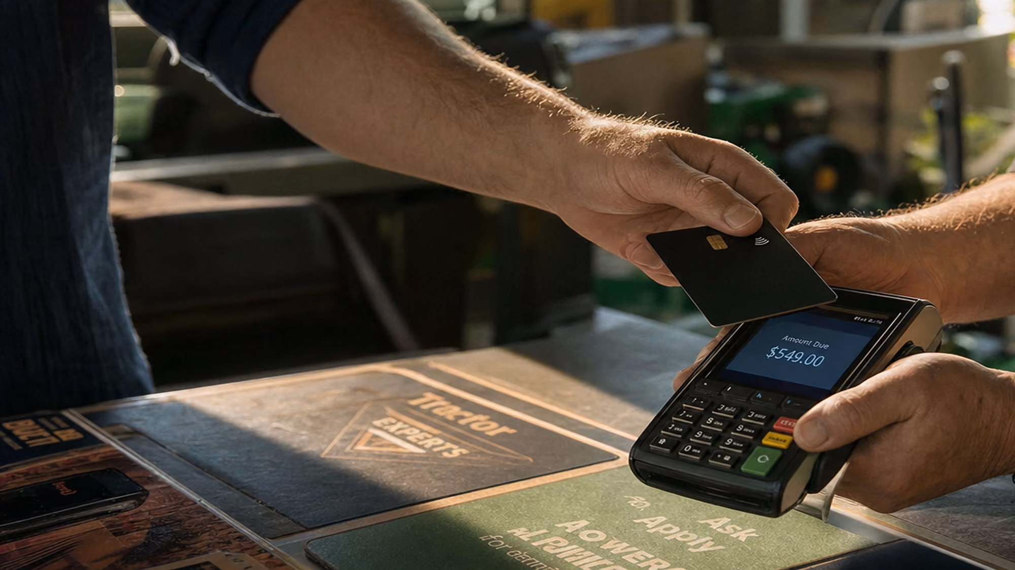 A person holds a black credit card near a payment terminal showing an amount due of $549.00 for contactless payment at a counter.
