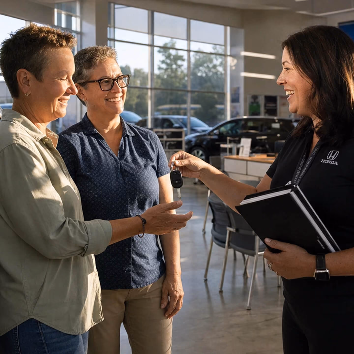 A female car dealership representative hands over car keys to two smiling women inside a bright showroom with cars in the background.