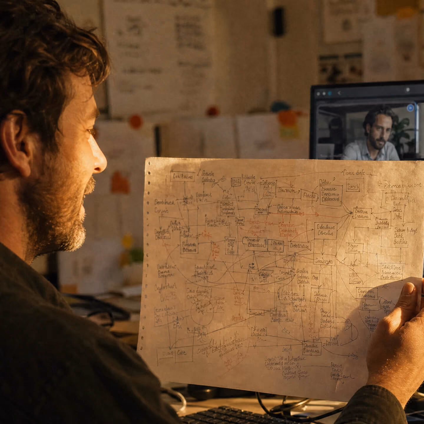 A man with curly hair and a beard holds a complex hand-drawn flowchart or mind map on a large sheet of paper while video chatting with another man on a computer screen in a dimly lit room with papers on the walls.
