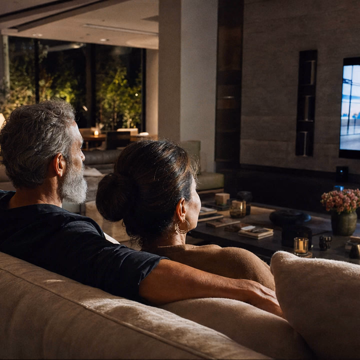 An older man with gray hair and beard sitting closely with a woman with dark hair tied in a bun on a beige couch, watching a large TV in a dimly lit, modern living room with plants visible through large windows.