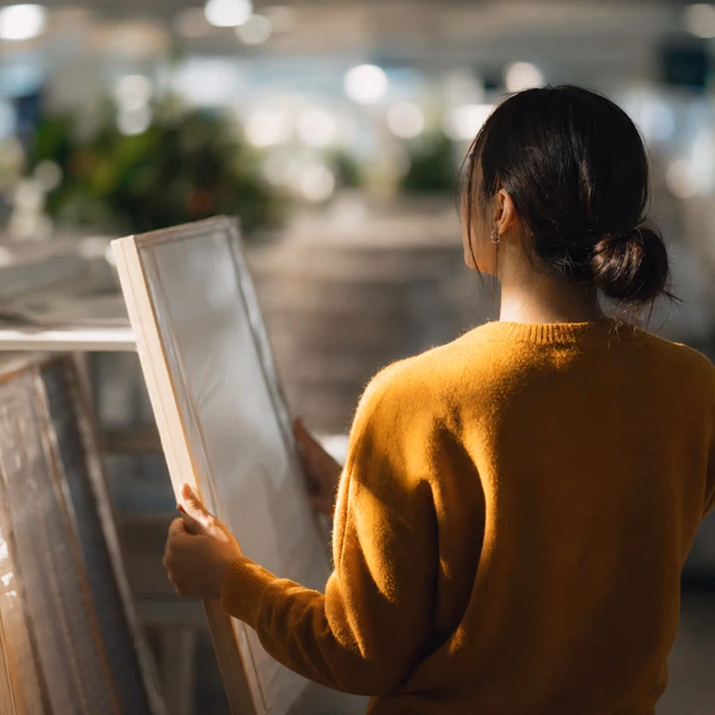 Person with dark hair tied in a bun wearing a mustard sweater, holding and examining a large rectangular framed object in a softly lit indoor space with blurred background.