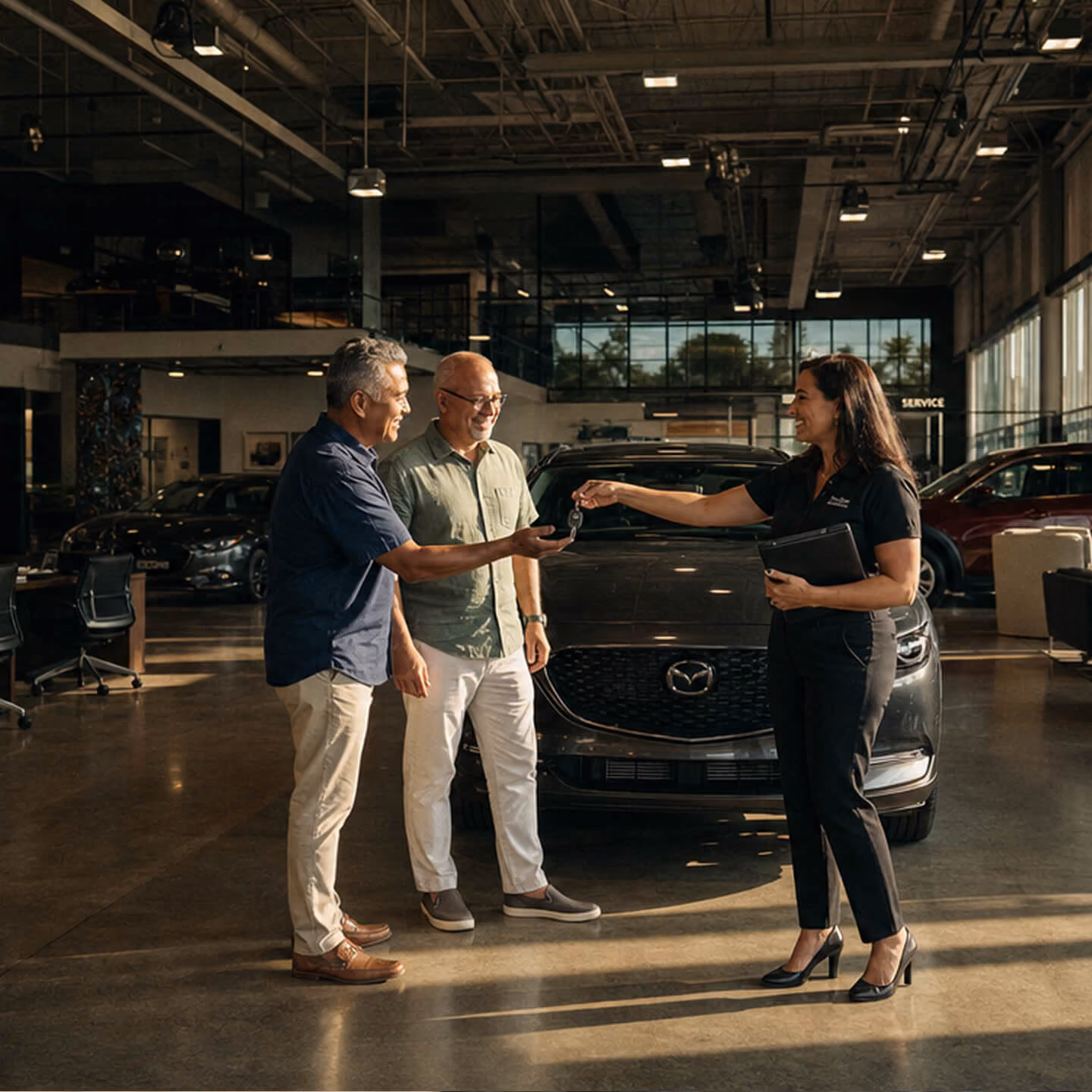 A car salesperson hands over car keys to two male customers standing in front of a black Mazda inside a spacious dealership showroom.