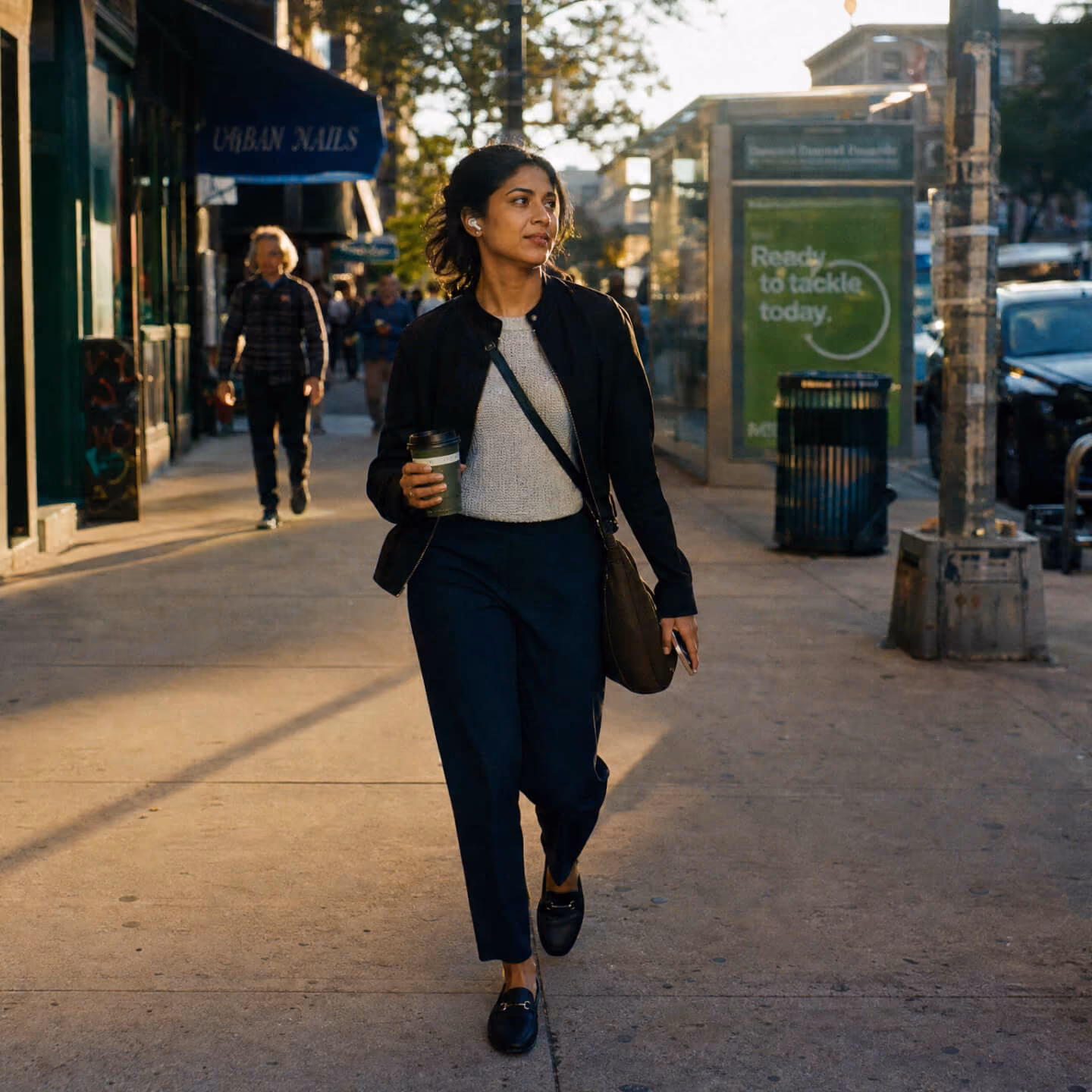 Woman walking on a sunlit sidewalk holding a coffee cup and phone, wearing a black jacket, gray sweater, dark pants, and black shoes, with a crossbody bag.