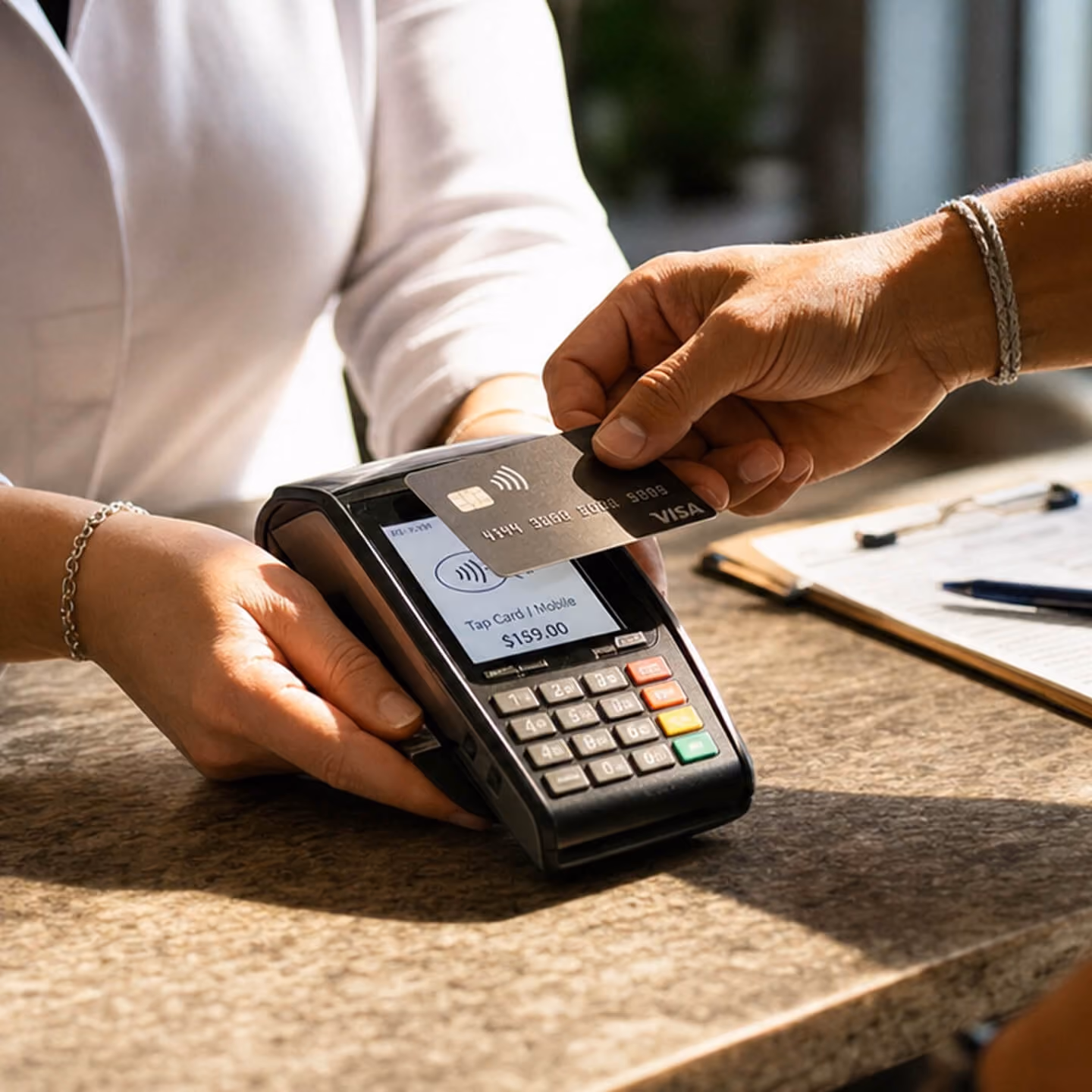 A person holding a Visa credit card near a payment terminal screen showing a contactless payment for $159.00, while another person holds the payment terminal on a countertop with a clipboard and pen nearby.