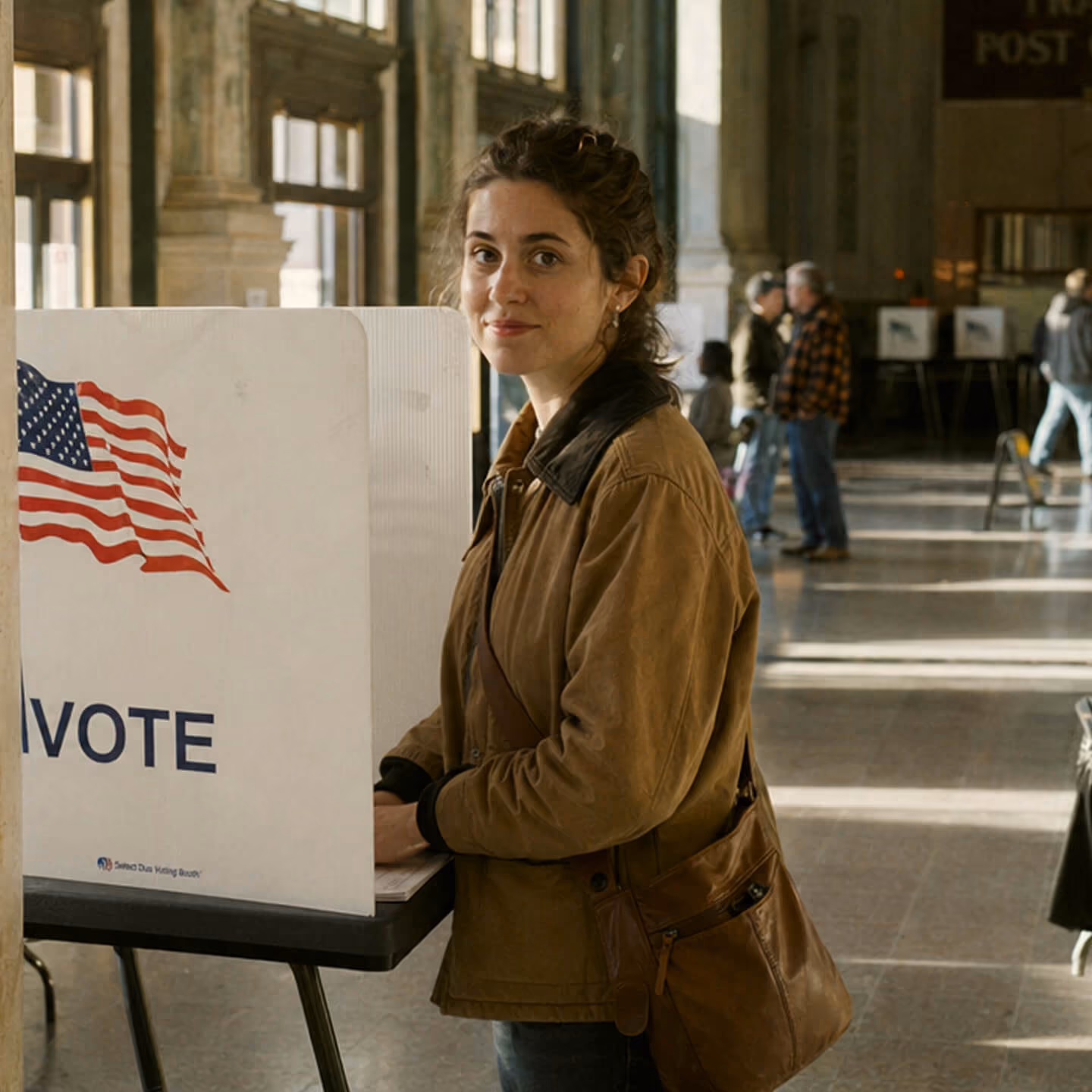 A woman with brown hair tied back stands at a voting booth with a sign showing an American flag and the word 'VOTE' in a large, sunlit room with other people and voting booths in the background.