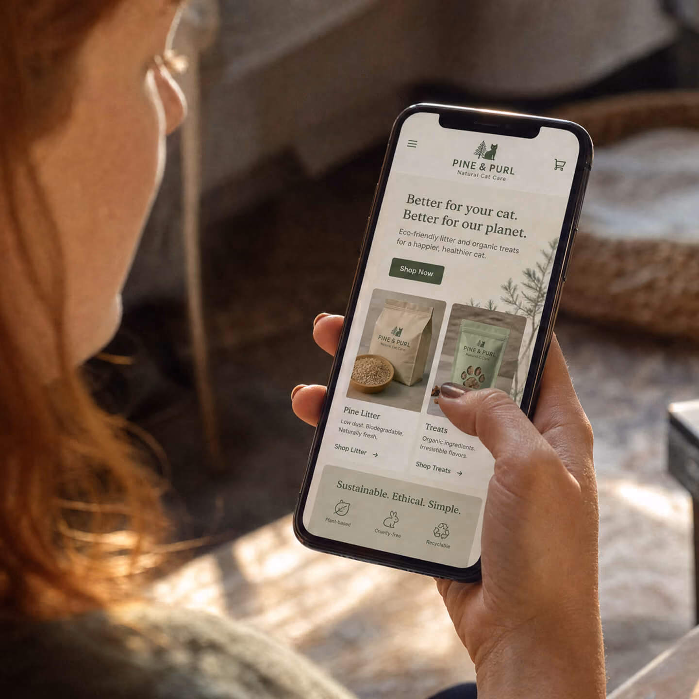 Person holding a smartphone showing a website for Pine & Purl Natural Cat Care, featuring eco-friendly cat litter and organic cat treats with text promoting sustainability and ethical products.