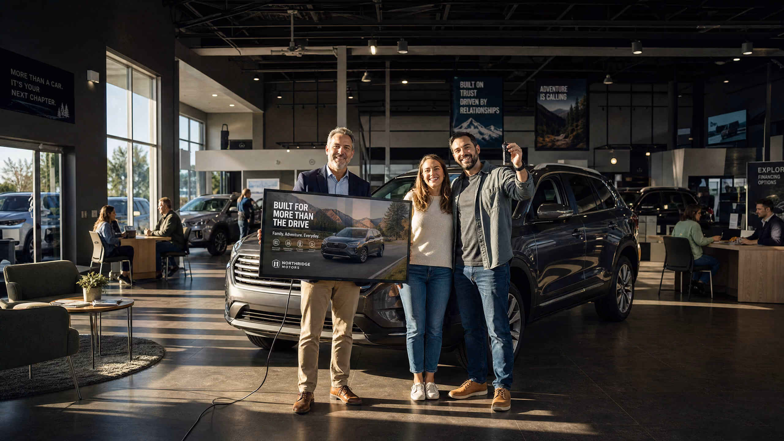 Three people standing inside a car dealership near a dark SUV, smiling; one man holds a sign saying 'Built for more than the drive Family. Adventure. Everyday.' while another man holds car keys.