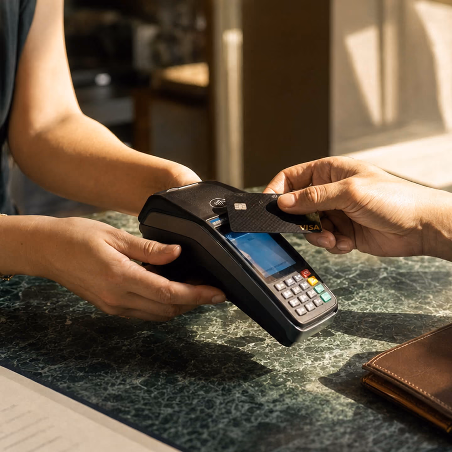 Two hands holding a contactless card payment terminal while a third hand taps a black Visa card on the terminal for payment on a green marble countertop with a closed brown leather wallet nearby.