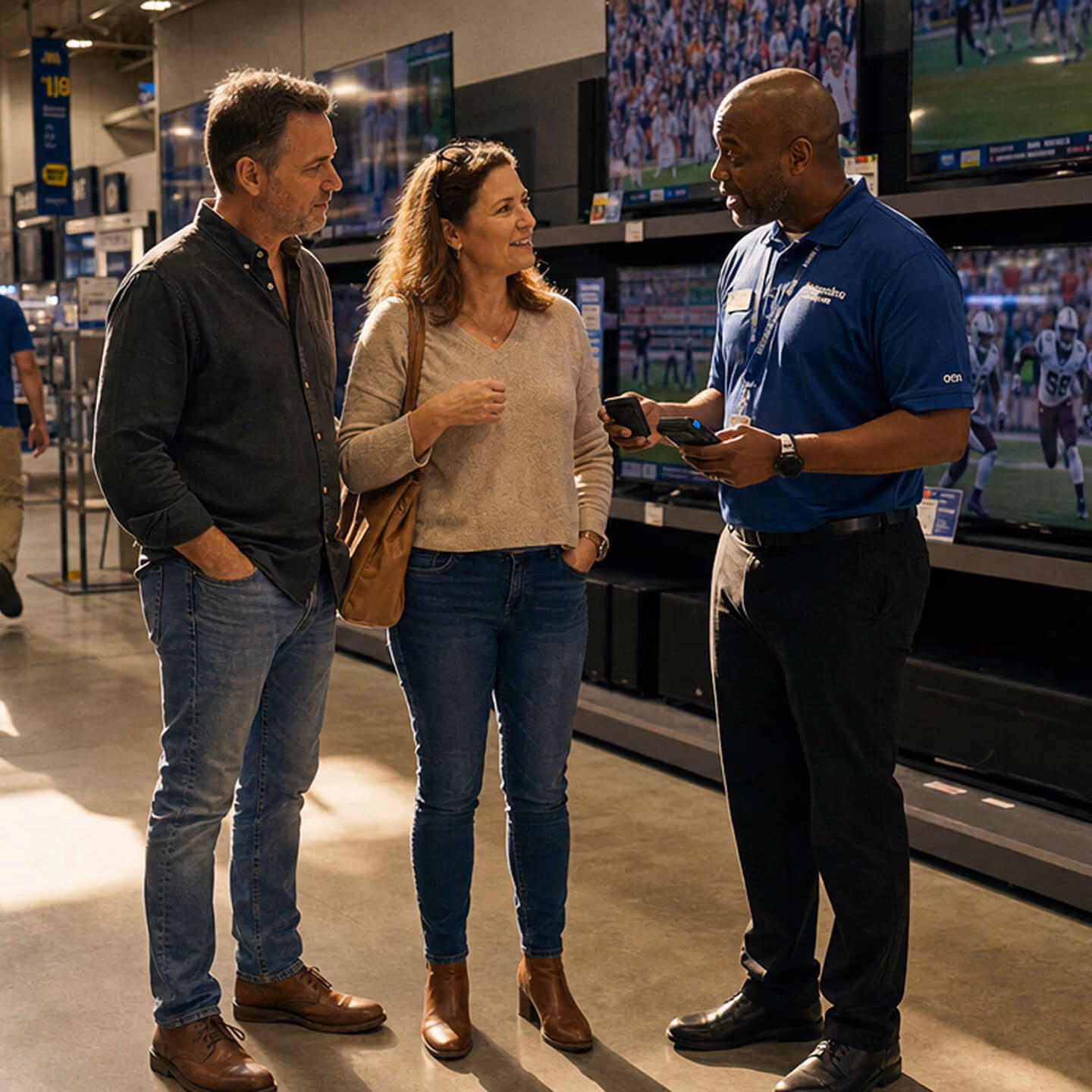 A man and woman stand in an electronics store talking with a store employee holding two remote controls, with multiple large TVs displaying a football game in the background.