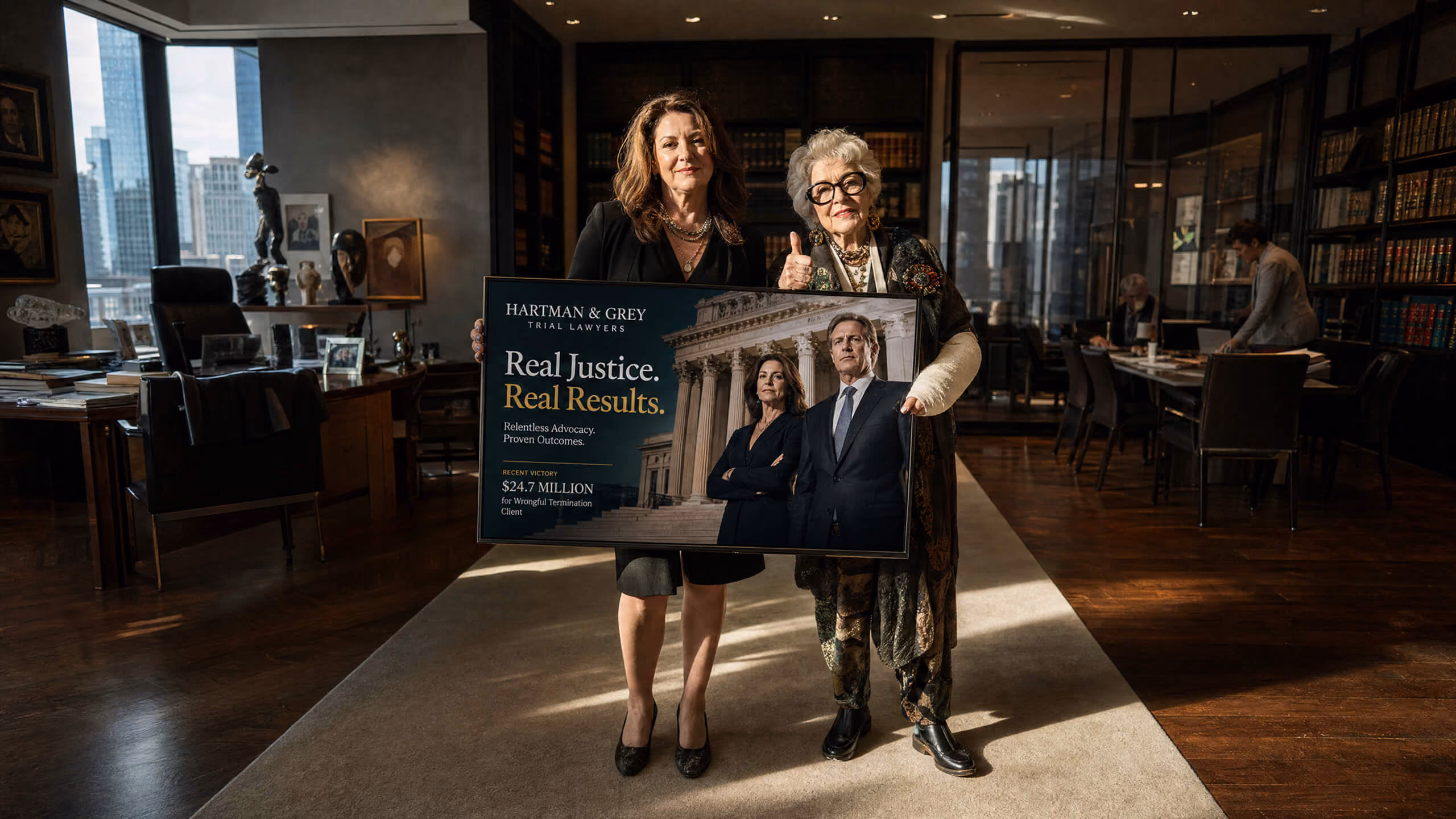 Two women standing indoors holding a large sign for Hartman & Grey Trial Lawyers that reads 'Real Justice. Real Results.' and highlights a recent verdict of $24.7 million. Behind them is a spacious, well-lit office with furniture and bookshelves.
