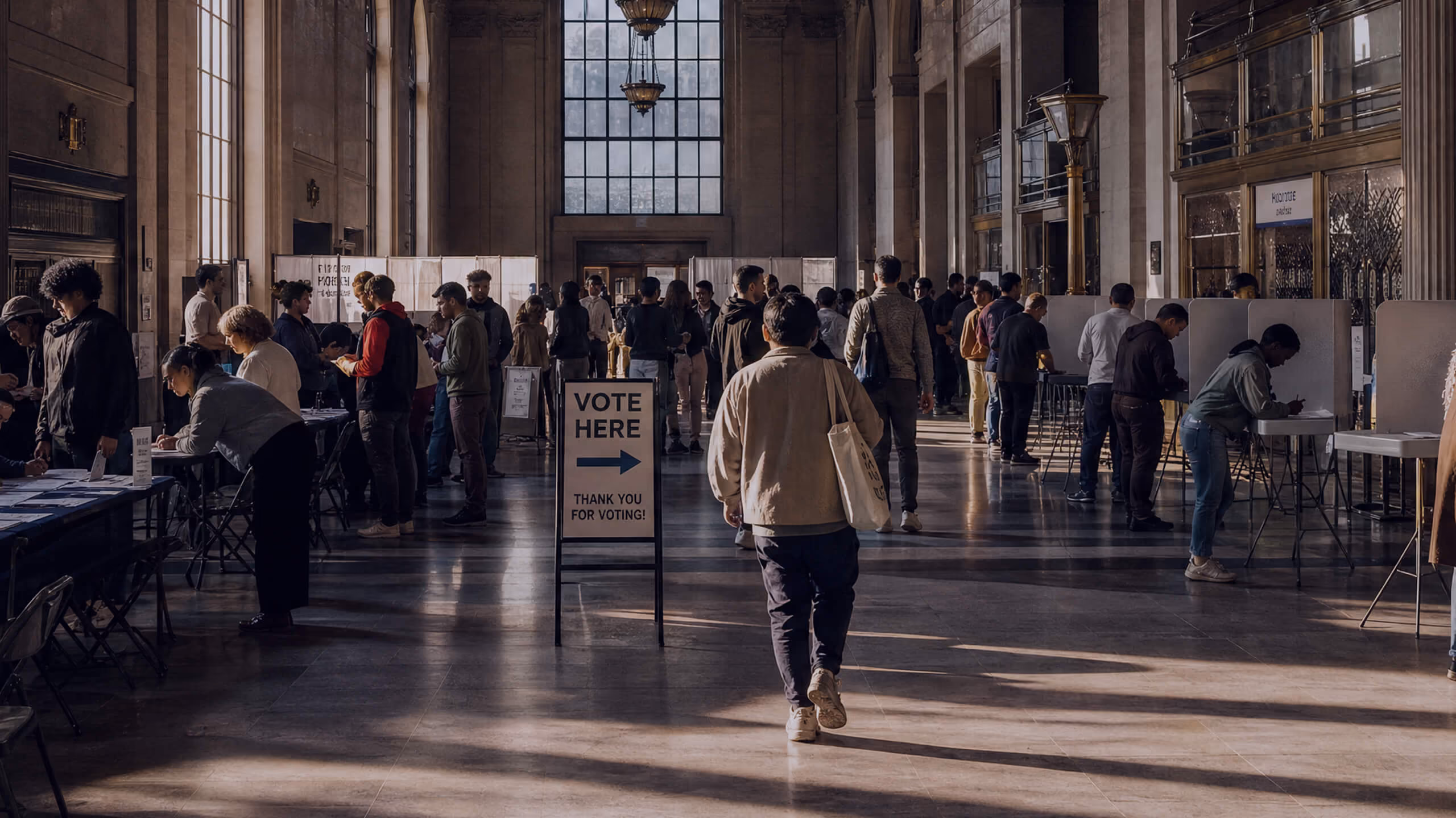 People inside a spacious, well-lit voting hall standing at booths and signing in at tables, with a sign in the center reading 'Vote Here Thank You For Voting!'