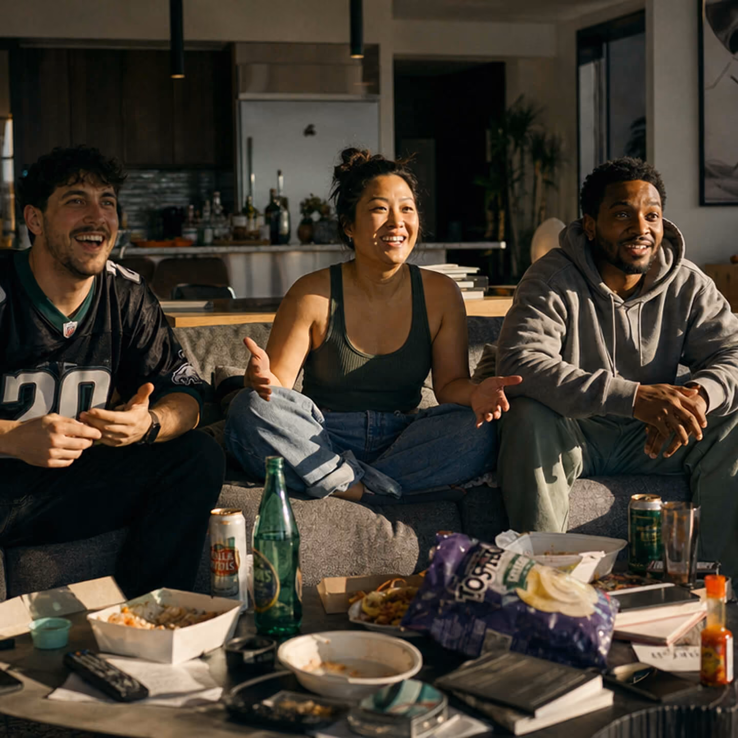 Three friends sitting on a couch in a living room, smiling and engaged while watching something, with snacks and drinks like cans, bottles, chips, and food containers on the coffee table in front of them.