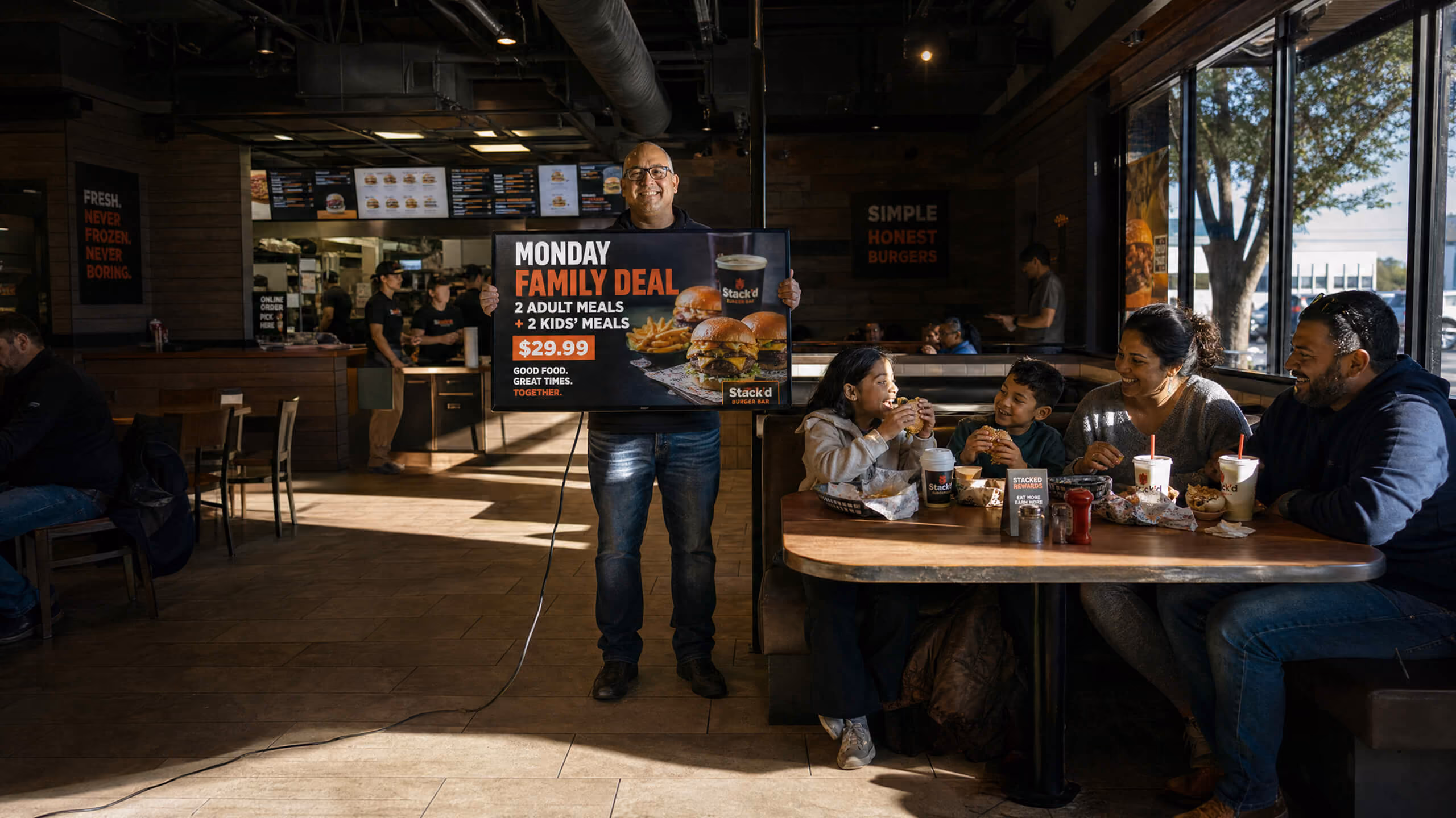 Smiling man holding a sign advertising a Monday Family Deal for 2 adult meals and 2 kids' meals at $29.99 inside a restaurant where a family of four enjoys food at a booth by a window.