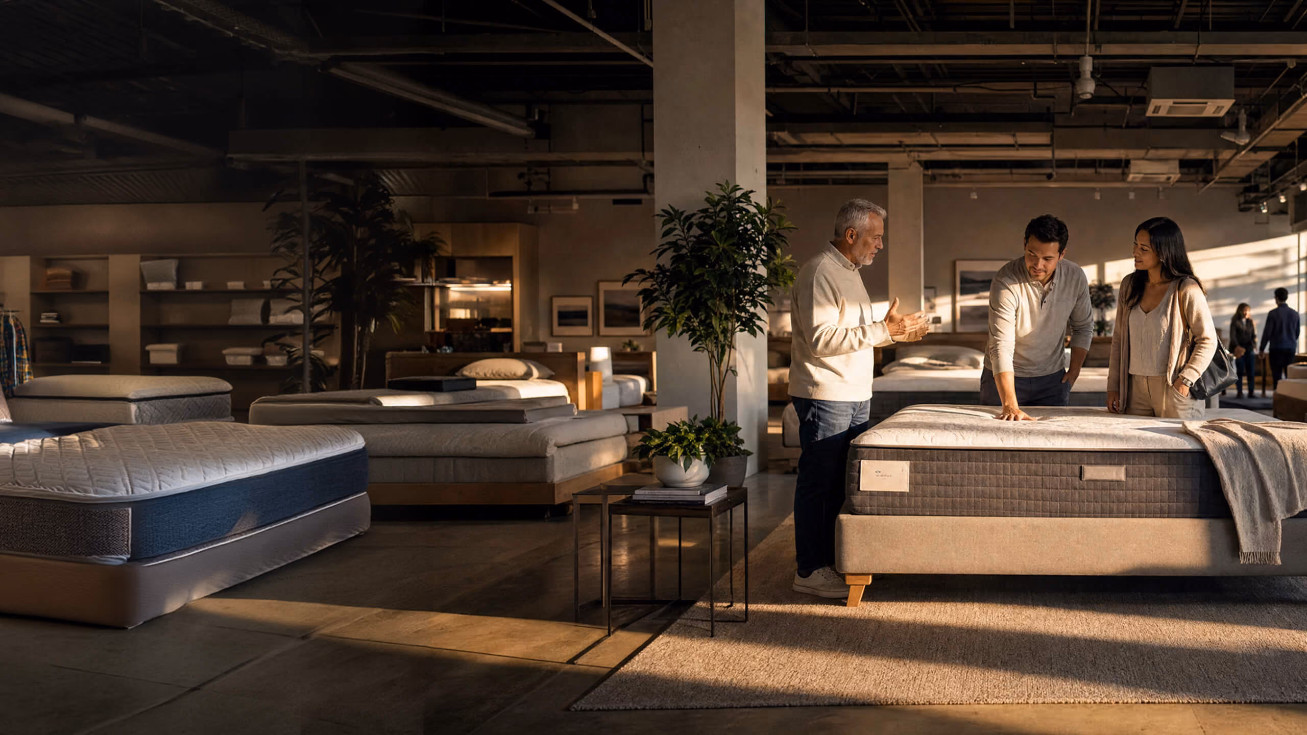 A couple talking to a salesman while testing mattresses inside a well-lit furniture store with several beds displayed.