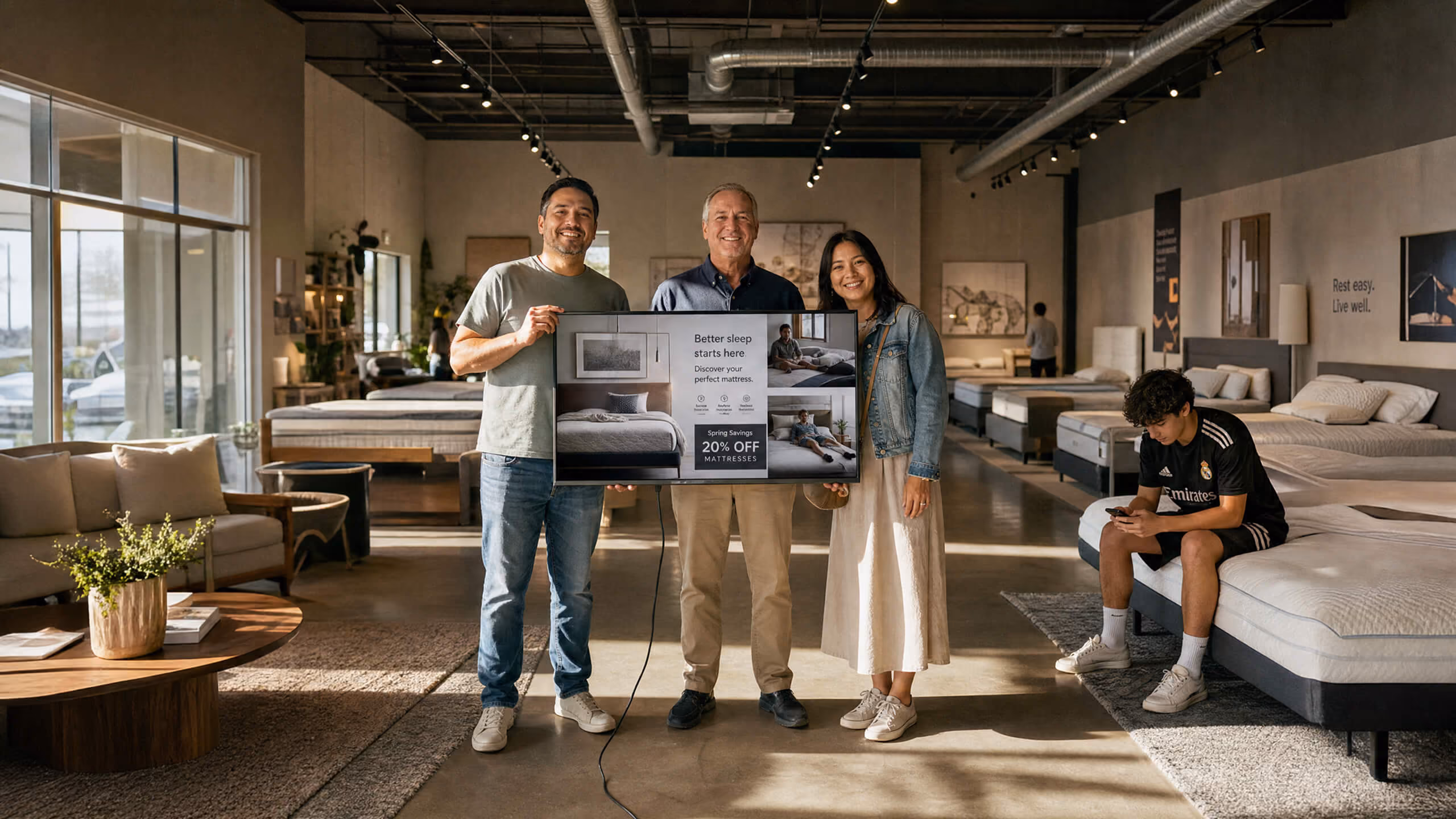 Three smiling adults standing in a mattress store holding a sign advertising 20% off mattresses, with beds displayed around them and a teenager sitting on a bed using a phone.